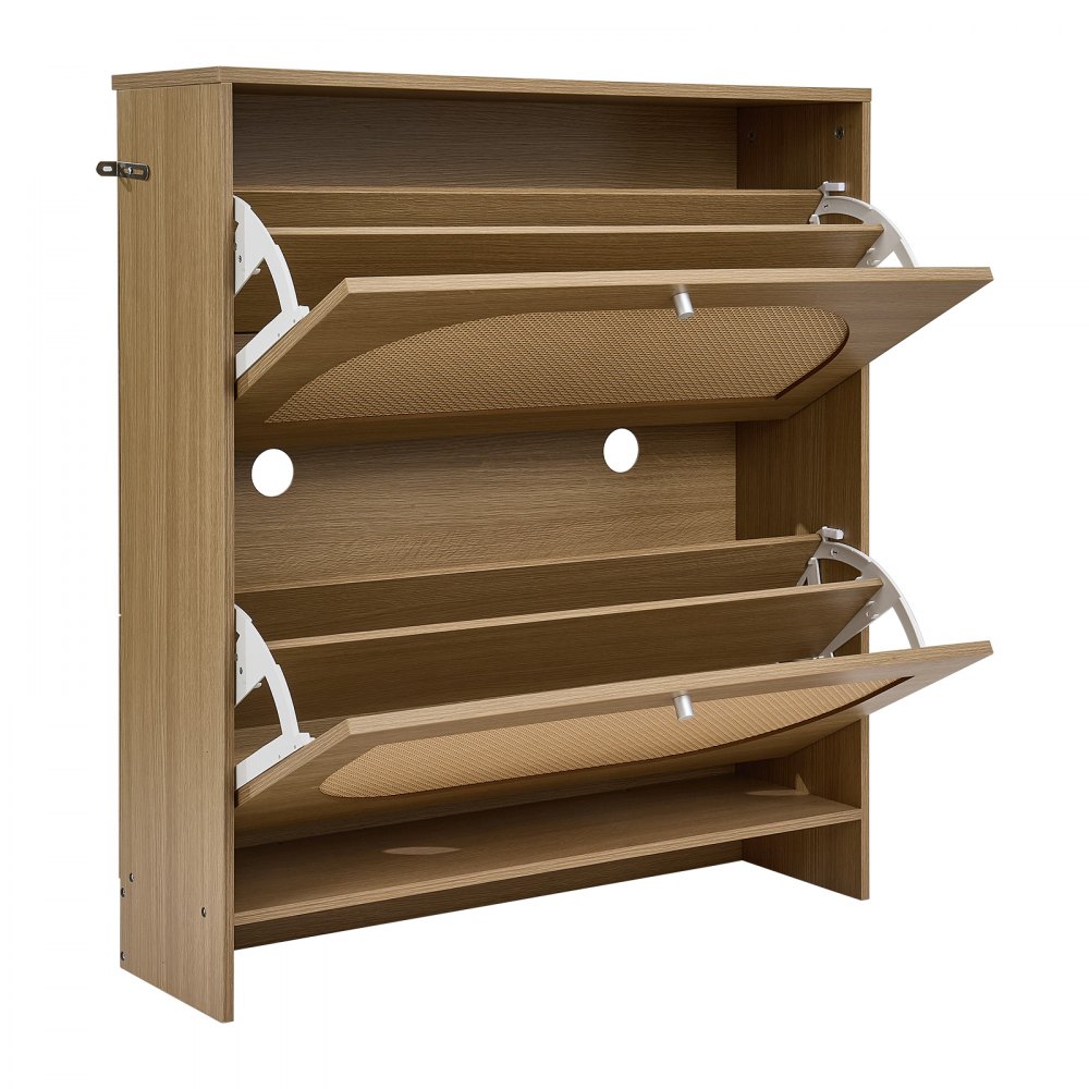 VEVOR Rattan Shoe Cabinet, 16 Pairs, 2 Flip Drawers, Adjustable Shelves for Entryway, Hallway and Living Room, Freestanding Narrow Shoes Wooden Rack, with 80 lb Top Surface and Tip-Over Restraint