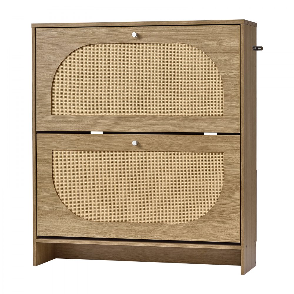 VEVOR Rattan Shoe Cabinet, 16 Pairs, 2 Flip Drawers, Adjustable Shelves for Entryway, Hallway and Living Room, Freestanding Narrow Shoes Wooden Rack, with 80 lb Top Surface and Tip-Over Restraint