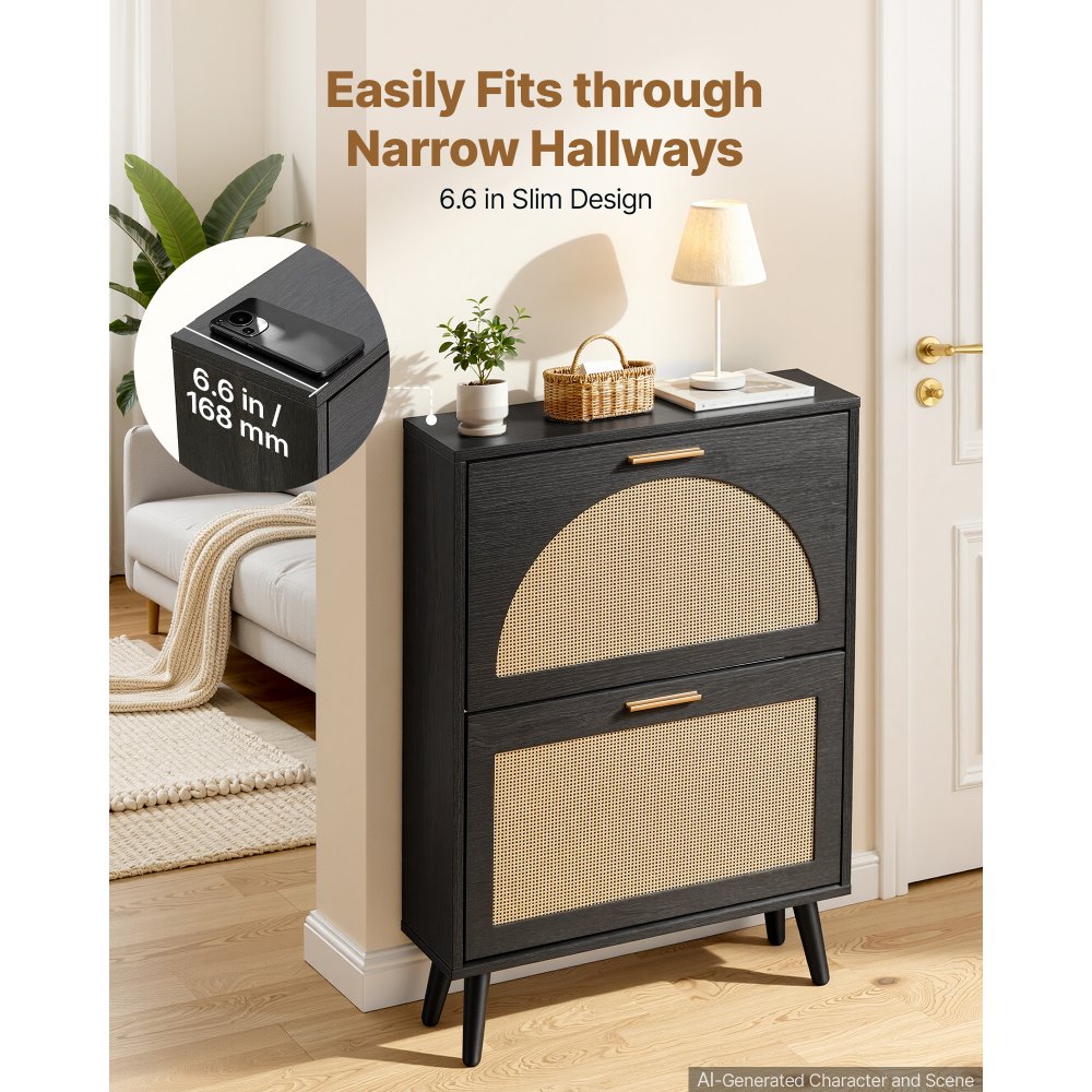 VEVOR Rattan Shoe Cabinet, 6-Pair Shoe Organizer, 2 Flip Drawers, Slim for Entryway, Hallway and Living Room, Freestanding Narrow Shoes Wooden Rack, with 36 kg Top Surface and Tip-Over Restraint
