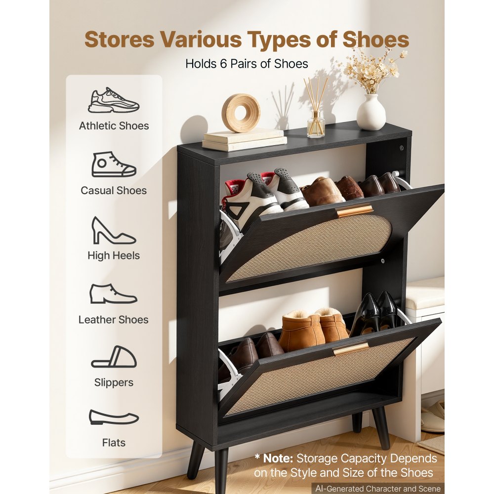 VEVOR Rattan Shoe Cabinet, 6-Pair Shoe Organizer, 2 Flip Drawers, Slim for Entryway, Hallway and Living Room, Freestanding Narrow Shoes Wooden Rack, with 36 kg Top Surface and Tip-Over Restraint