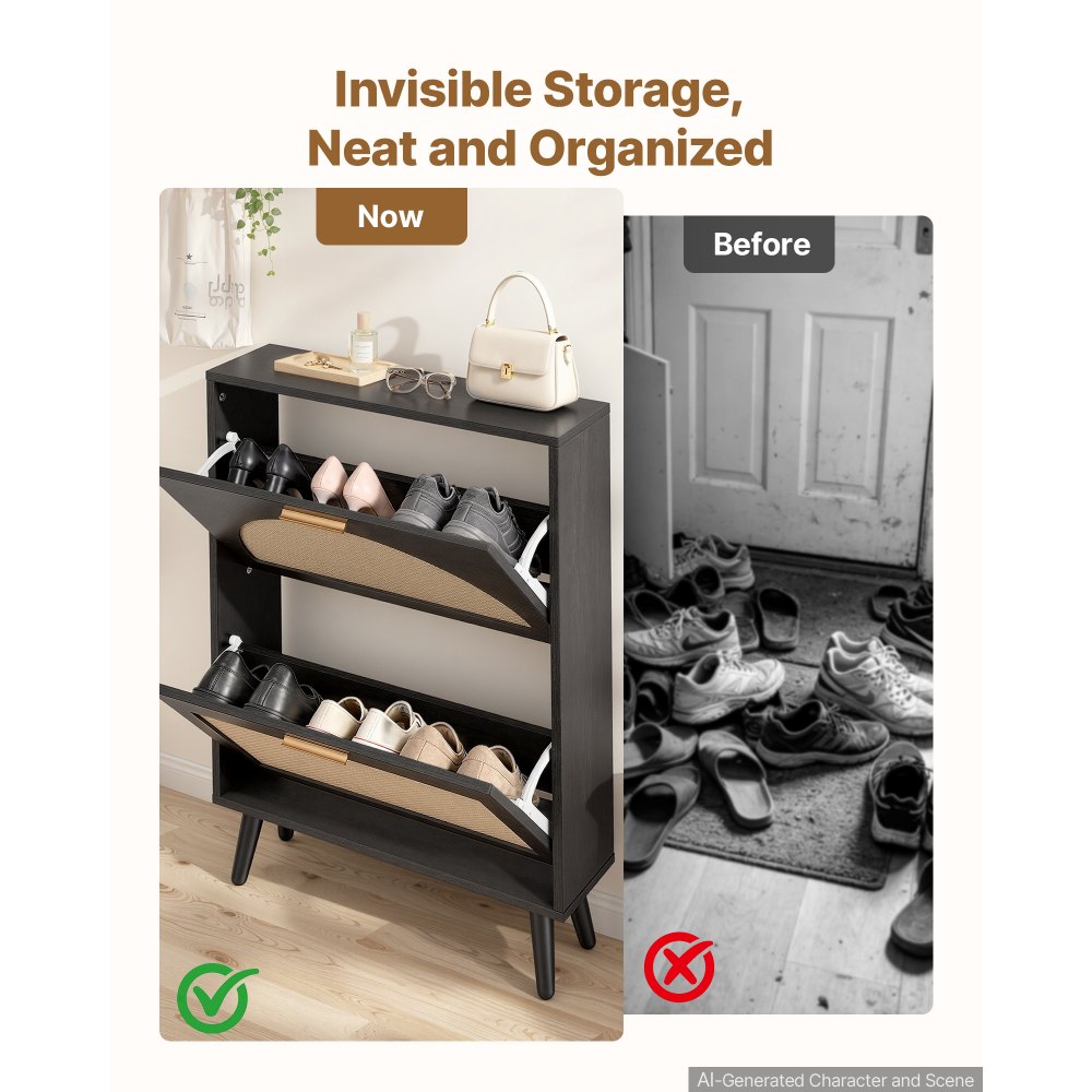 VEVOR Rattan Shoe Cabinet, 6-Pair Shoe Organizer, 2 Flip Drawers, Slim for Entryway, Hallway and Living Room, Freestanding Narrow Shoes Wooden Rack, with 36 kg Top Surface and Tip-Over Restraint