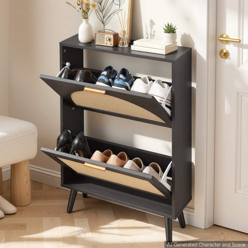 VEVOR Rattan Shoe Cabinet, 6-Pair Shoe Organizer, 2 Flip Drawers, Slim for Entryway, Hallway and Living Room, Freestanding Narrow Shoes Wooden Rack, with 36 kg Top Surface and Tip-Over Restraint