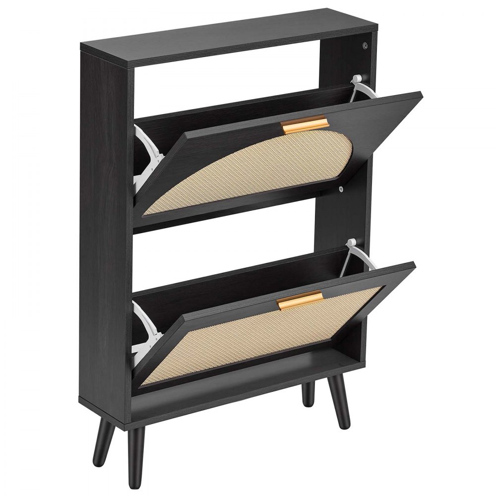 VEVOR Rattan Shoe Cabinet, 6-Pair Shoe Organizer, 2 Flip Drawers, Slim for Entryway, Hallway and Living Room, Freestanding Narrow Shoes Wooden Rack, with 36 kg Top Surface and Tip-Over Restraint