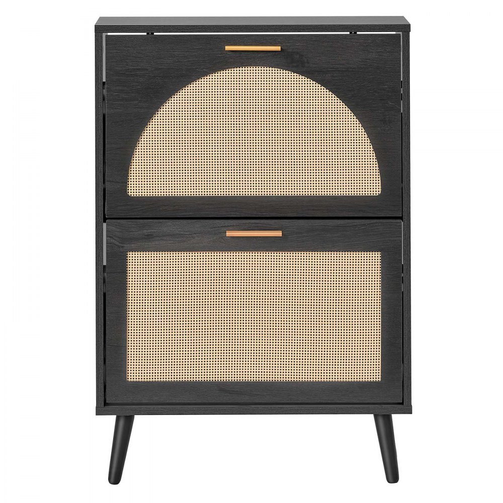 VEVOR Rattan Shoe Cabinet, 6-Pair Shoe Organizer, 2 Flip Drawers, Slim for Entryway, Hallway and Living Room, Freestanding Narrow Shoes Wooden Rack, with 36 kg Top Surface and Tip-Over Restraint