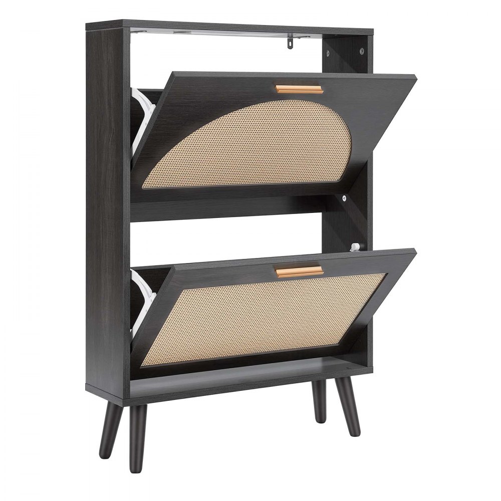 VEVOR Rattan Shoe Cabinet, 6-Pair Shoe Organizer, 2 Flip Drawers, Slim for Entryway, Hallway and Living Room, Freestanding Narrow Shoes Wooden Rack, with 36 kg Top Surface and Tip-Over Restraint