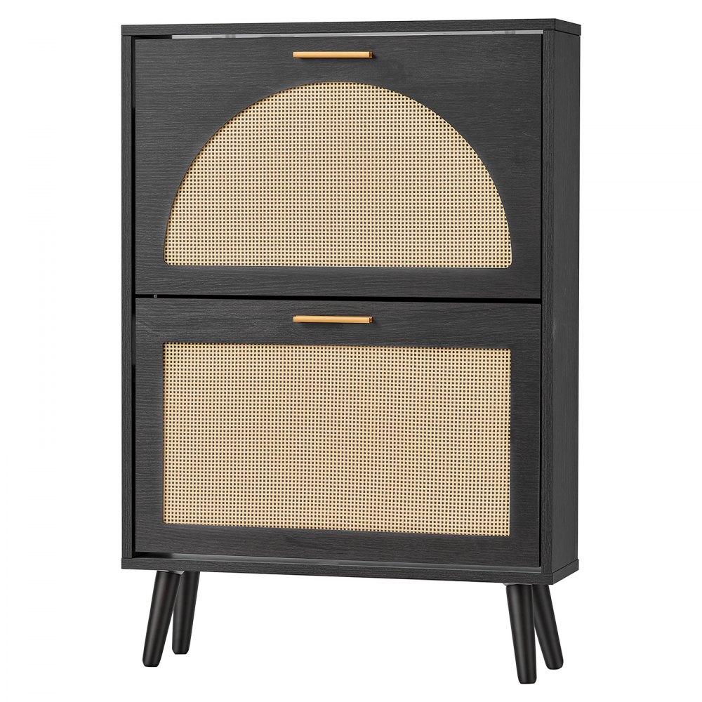 VEVOR Rattan Shoe Cabinet, 6-Pair Shoe Organizer, 2 Flip Drawers, Slim for Entryway, Hallway and Living Room, Freestanding Narrow Shoes Wooden Rack, with 36 kg Top Surface and Tip-Over Restraint
