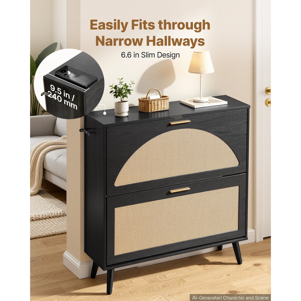 VEVOR Rattan Shoe Cabinet, 16 Pairs, 2 Flip Drawers, Adjustable Shelves for Entryway, Hallway and Living Room, Freestanding Narrow Shoes Wooden Rack, with 80 lb Top Surface and Tip-Over Restraint