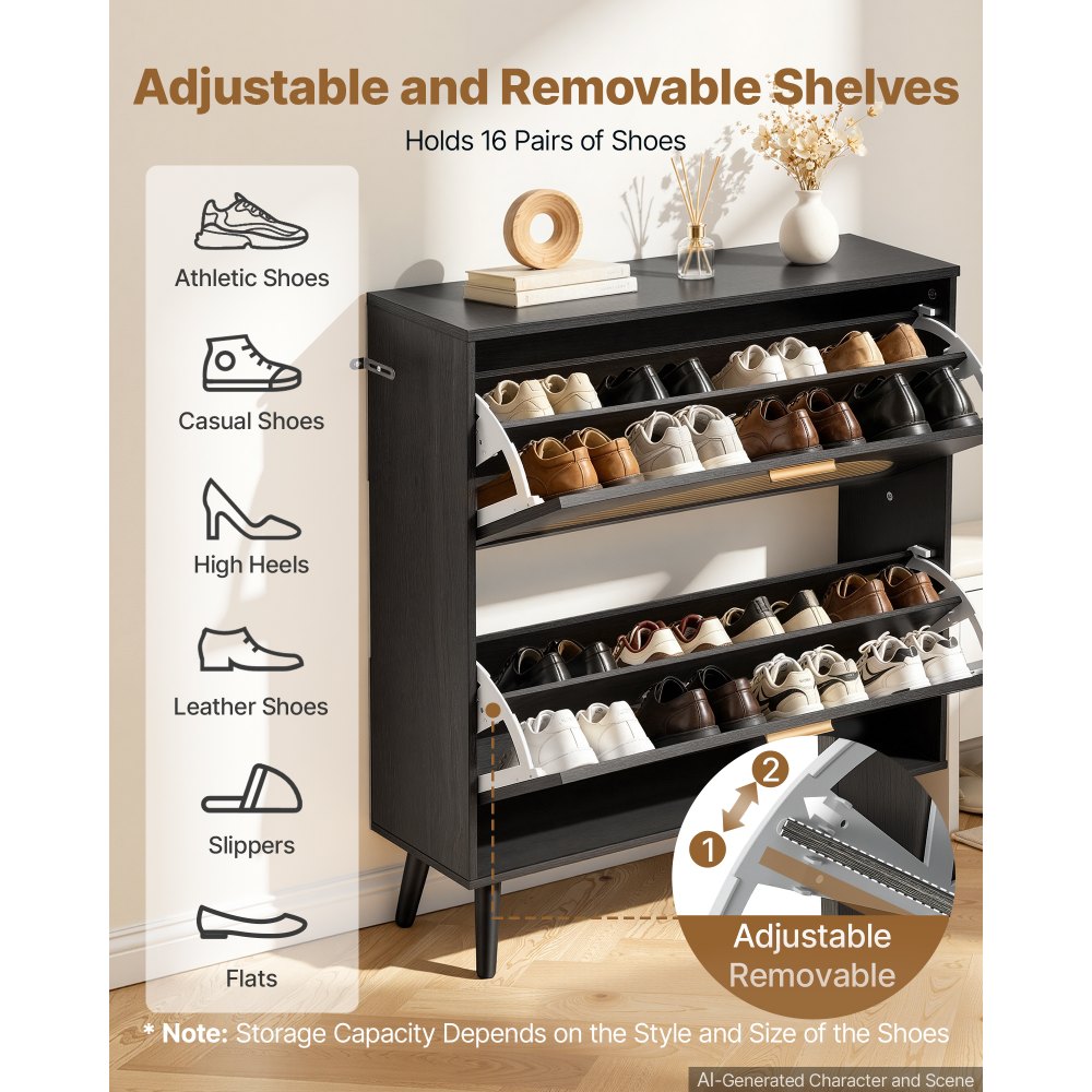 VEVOR Rattan Shoe Cabinet, 16 Pairs, 2 Flip Drawers, Adjustable Shelves for Entryway, Hallway and Living Room, Freestanding Narrow Shoes Wooden Rack, with 80 lb Top Surface and Tip-Over Restraint