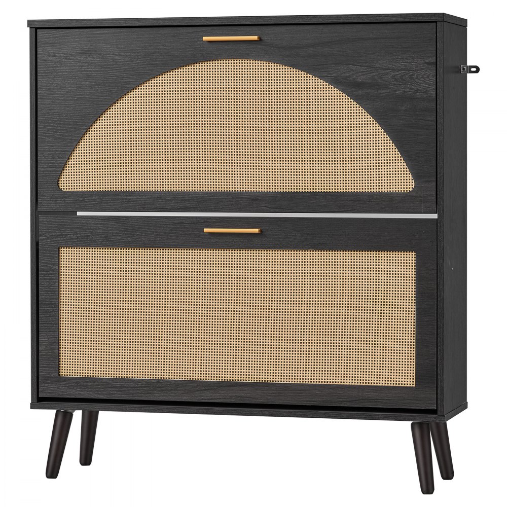 VEVOR Rattan Shoe Cabinet, 16 Pairs, 2 Flip Drawers, Adjustable Shelves for Entryway, Hallway and Living Room, Freestanding Narrow Shoes Wooden Rack, with 80 lb Top Surface and Tip-Over Restraint