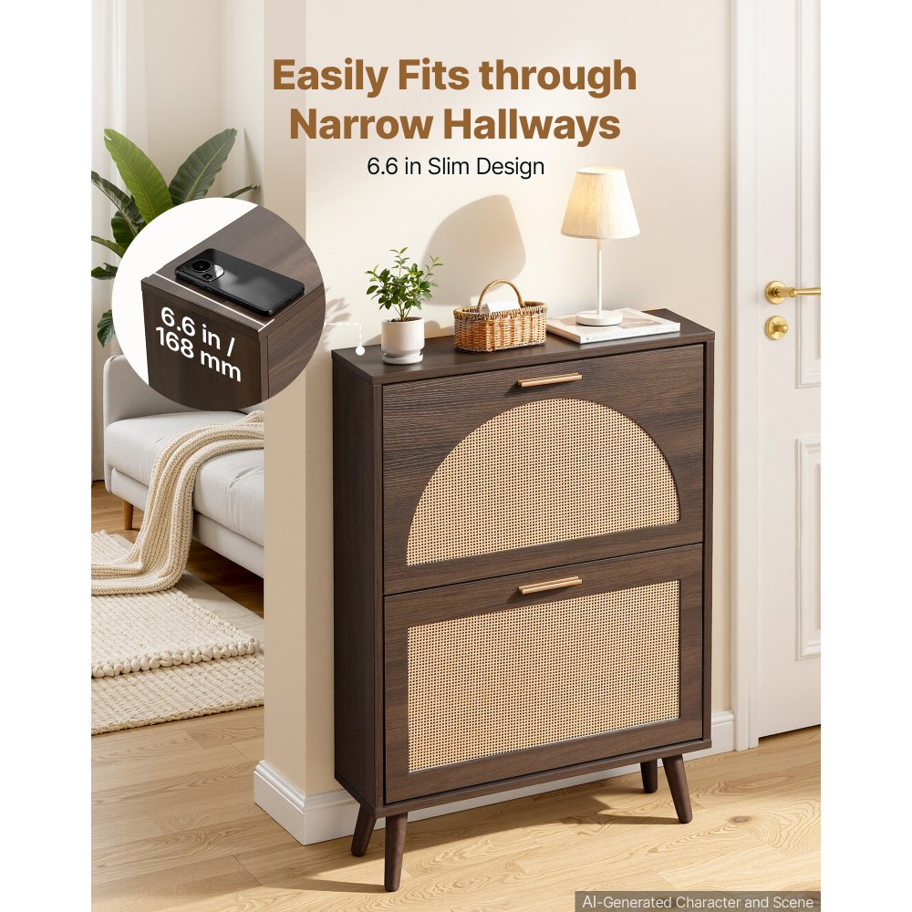VEVOR Rattan Shoe Cabinet, 6-Pair Shoe Organizer, 2 Flip Drawers, Slim for Entryway, Hallway and Living Room, Freestanding Narrow Shoes Wooden Rack, with 36 kg Top Surface and Tip-Over Restraint