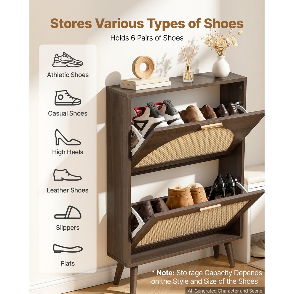 VEVOR Rattan Shoe Cabinet, 6-Pair Shoe Organizer, 2 Flip Drawers, Slim for Entryway, Hallway and Living Room, Freestanding Narrow Shoes Wooden Rack, with 36 kg Top Surface and Tip-Over Restraint