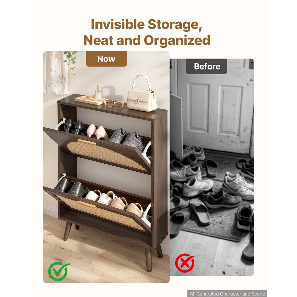 VEVOR Rattan Shoe Cabinet, 6-Pair Shoe Organizer, 2 Flip Drawers, Slim for Entryway, Hallway and Living Room, Freestanding Narrow Shoes Wooden Rack, with 36 kg Top Surface and Tip-Over Restraint