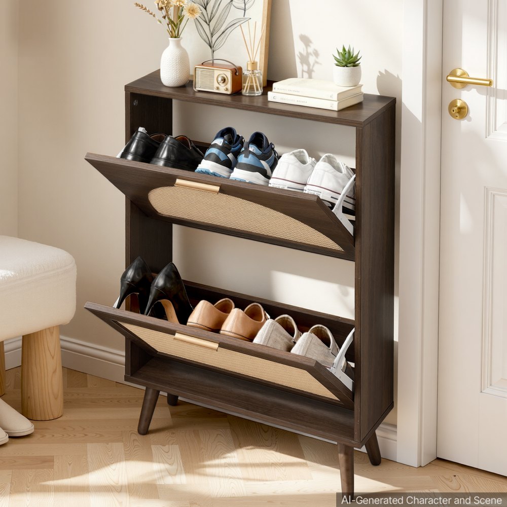 VEVOR Rattan Shoe Cabinet, 6-Pair Shoe Organizer, 2 Flip Drawers, Slim for Entryway, Hallway and Living Room, Freestanding Narrow Shoes Wooden Rack, with 36 kg Top Surface and Tip-Over Restraint