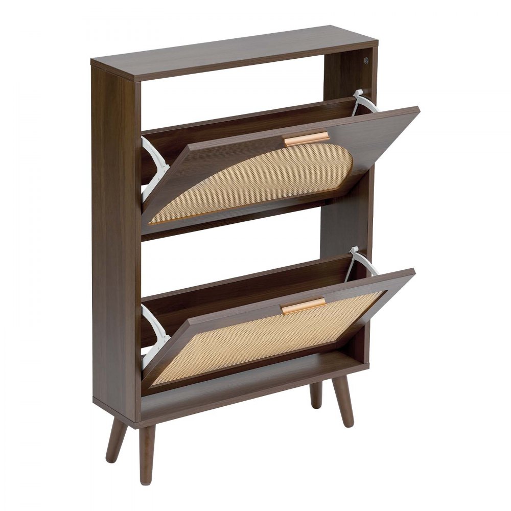 VEVOR Rattan Shoe Cabinet, 6-Pair Shoe Organizer, 2 Flip Drawers, Slim for Entryway, Hallway and Living Room, Freestanding Narrow Shoes Wooden Rack, with 36 kg Top Surface and Tip-Over Restraint
