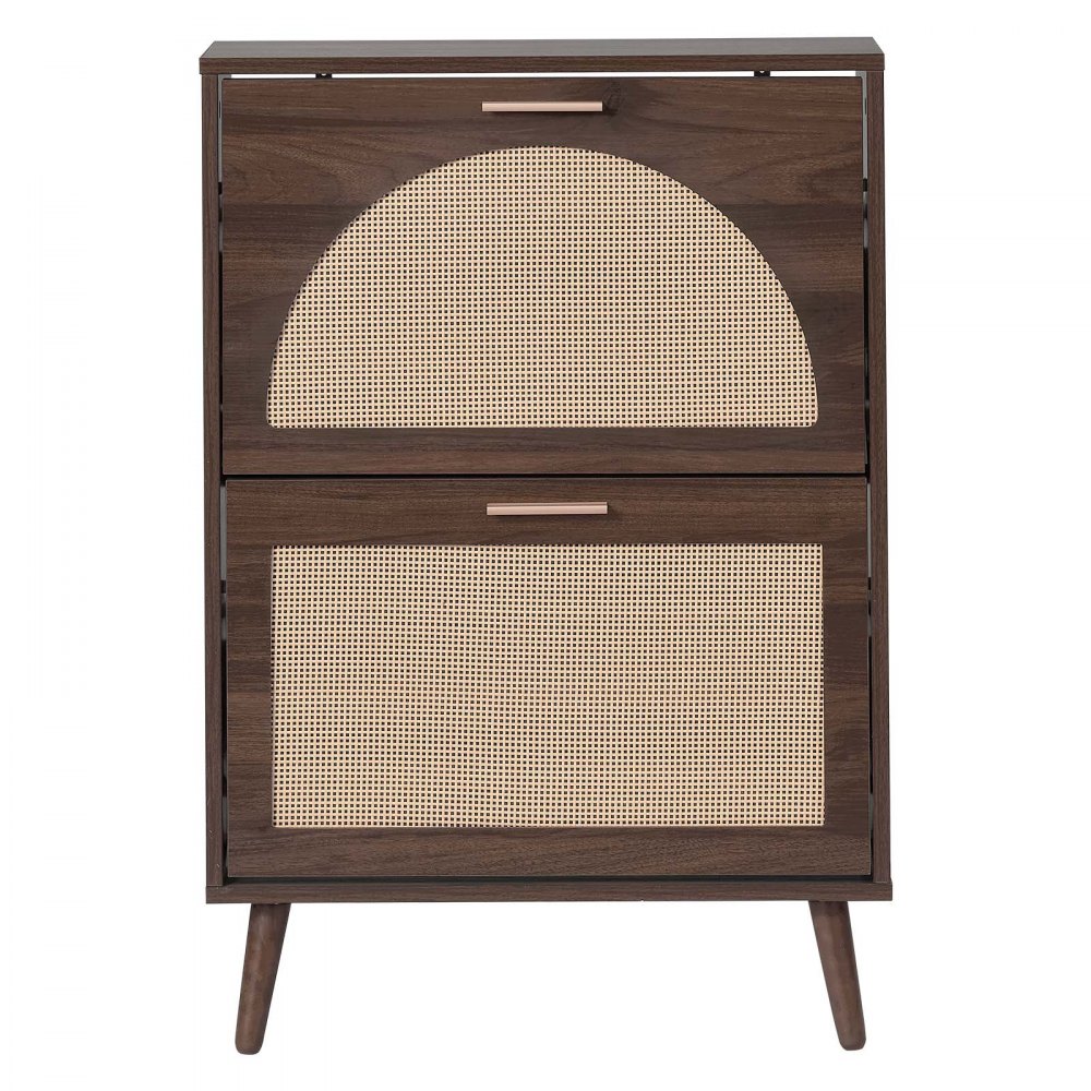 VEVOR Rattan Shoe Cabinet, 6-Pair Shoe Organizer, 2 Flip Drawers, Slim for Entryway, Hallway and Living Room, Freestanding Narrow Shoes Wooden Rack, with 36 kg Top Surface and Tip-Over Restraint