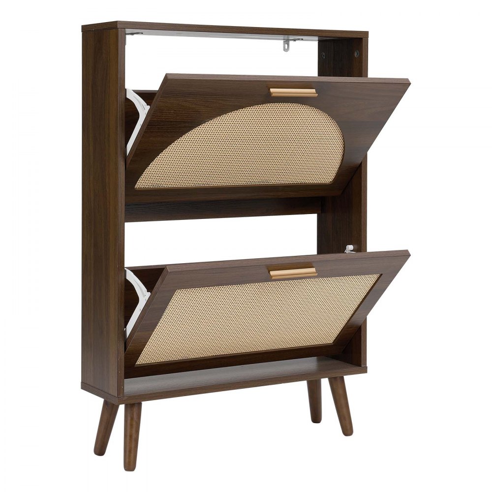 VEVOR Rattan Shoe Cabinet, 6-Pair Shoe Organizer, 2 Flip Drawers, Slim for Entryway, Hallway and Living Room, Freestanding Narrow Shoes Wooden Rack, with 36 kg Top Surface and Tip-Over Restraint