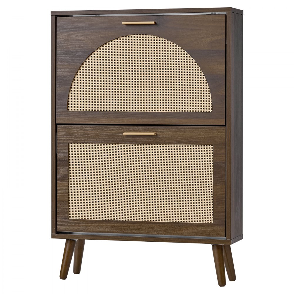 VEVOR Rattan Shoe Cabinet, 6-Pair Shoe Organizer, 2 Flip Drawers, Slim for Entryway, Hallway and Living Room, Freestanding Narrow Shoes Wooden Rack, with 36 kg Top Surface and Tip-Over Restraint