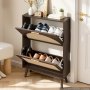 VEVOR Rattan Shoe Cabinet, 6-Pair Shoe Organizer, 2 Flip Drawers, Slim for Entryway, Hallway and Living Room, Freestanding Narrow Shoes Wooden Rack, with 36 kg Top Surface and Tip-Over Restraint