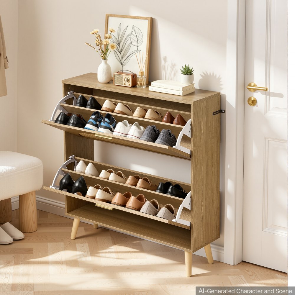 VEVOR Rattan Shoe Cabinet, 16 Pairs, 2 Flip Drawers, Adjustable Shelves for Entryway, Hallway and Living Room, Freestanding Narrow Shoes Wooden Rack, with 80 lb Top Surface and Tip-Over Restraint