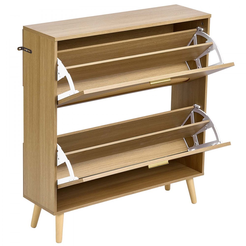VEVOR Rattan Shoe Cabinet, 16 Pairs, 2 Flip Drawers, Adjustable Shelves for Entryway, Hallway and Living Room, Freestanding Narrow Shoes Wooden Rack, with 80 lb Top Surface and Tip-Over Restraint