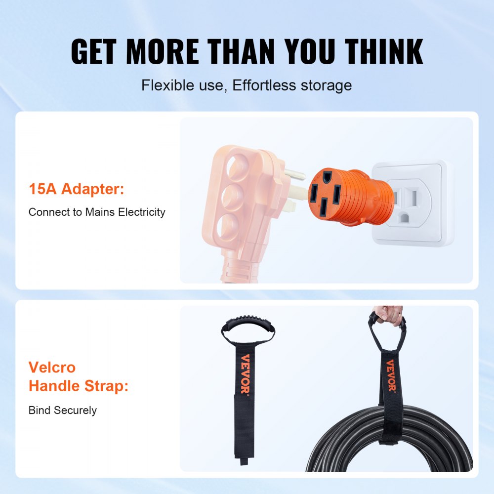 VEVOR 30 Feet RV Power Cord, 50 Amp, Heavy Duty STW 6/3 + 8/1 Generator Cord, NEMA 14-50P Male NEMA SS2-50R Female Plug, with LED Indicator Handle 15A Adapter, for RVs, generators, campers, ETL Listed