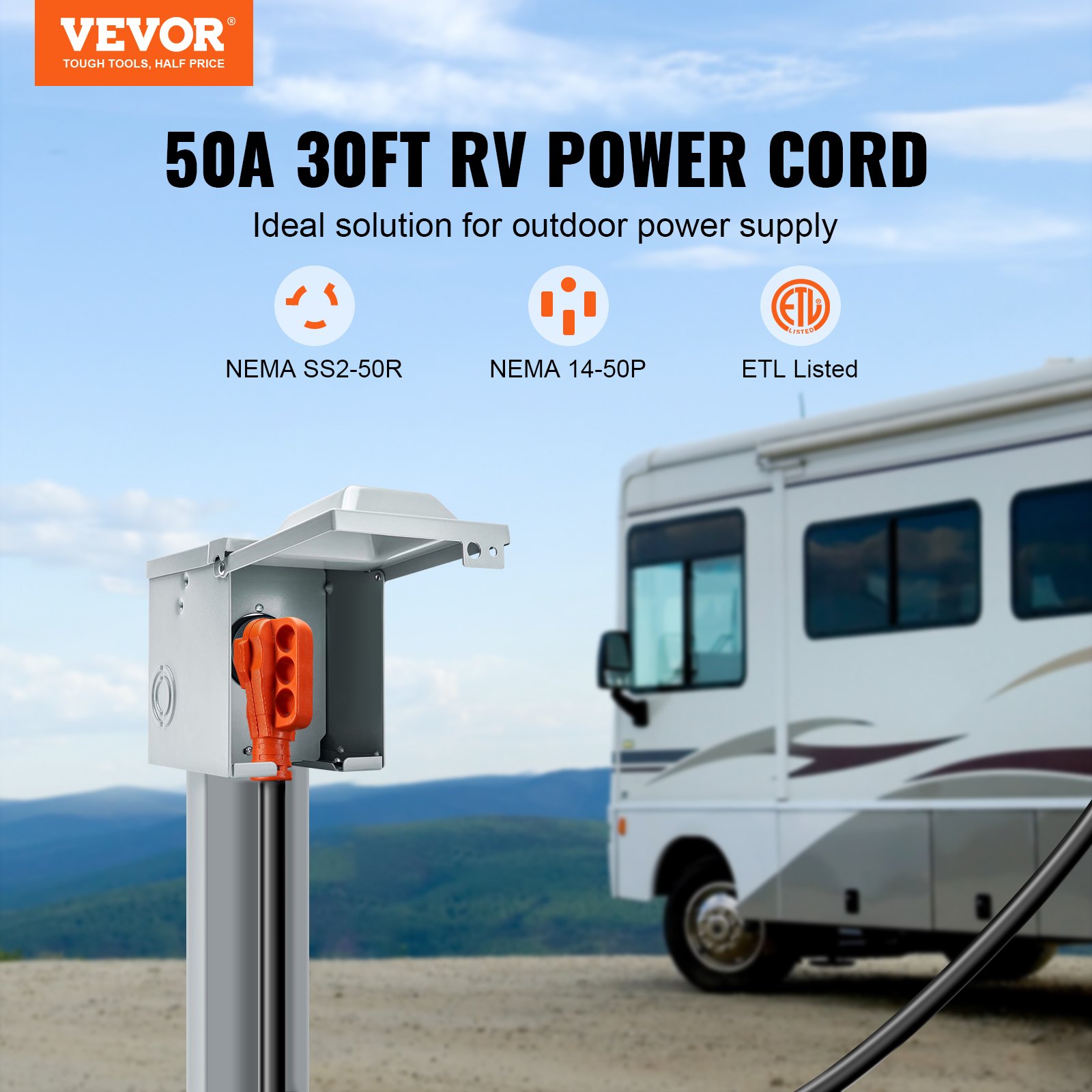 VEVOR 30 Feet RV Power Cord, 50 Amp, Heavy Duty STW 6/3 + 8/1 Generator Cord, NEMA 14-50P Male NEMA SS2-50R Female Plug, with LED Indicator Handle 15A Adapter, for RVs, generators, campers, ETL Listed