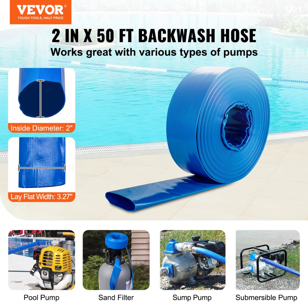 VEVOR Backwash Hose 2 in x 50 ft Heavy-Duty Pvc Flat Pool Discharge Hose with Clamps Weather and Burst Resistant Compatible with Pumps Sand Filters
