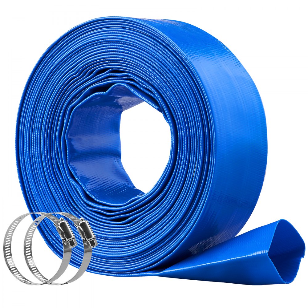 VEVOR Backwash-slang, 2 tum x 50 fot, kraftig PVC-plattavloppsslang för pool med klämmor, väder- och sprängbeständig, kompatibel med pumpar, sandfilter, för avloppsvattenavlopp i simbassänger, blå