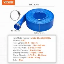 VEVOR Backwash Hose, 2 in x 50 ft, Heavy-Duty PVC Flat Pool Discharge Hose with Clamps, Weather and Burst Resistant, Compatible with Pumps, Sand Filters, for Swimming Pools Waste Water Draining, Blue