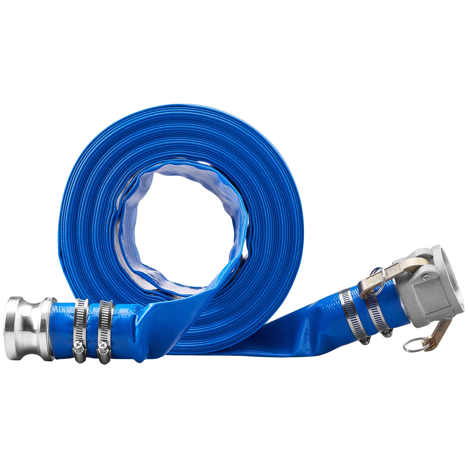 VEVOR Backwash Hose, 2 in x 50 ft, Heavy-Duty PVC Flat Pool Discharge Hose with Aluminum Camlock C & E Fittings, Clamps, Compatible with Pumps, Sand Filters, for Swimming Pools Waste Water Drain, Blue