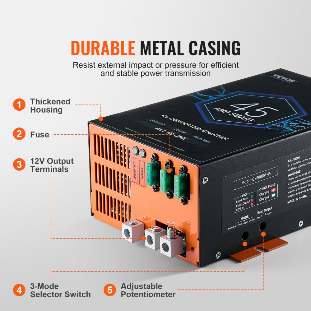 VEVOR RV Converter, 45 Amp, 110V AC to 12V DC RV Power Converter Battery Charger with 4 Stage Smart Charging 13V to 16.5V Adjustable Operating Range, Compatible with Lithium Lead Acid Battery, ETL