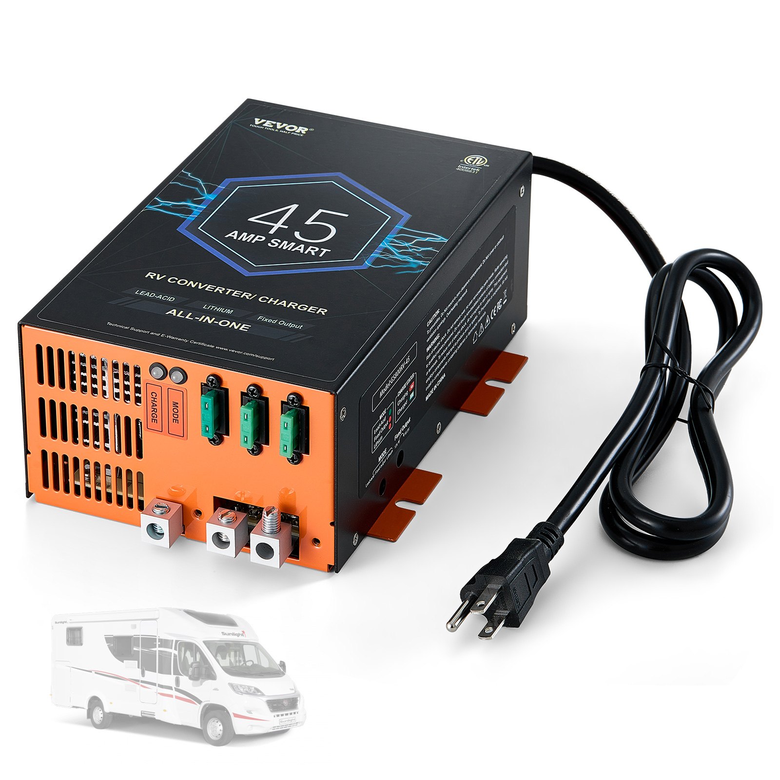 VEVOR RV Converter, 45 Amp, 110V AC to 12V DC RV Power Converter Battery Charger with 4 Stage Smart Charging 13V to 16.5V Adjustable Operating Range, Compatible with Lithium Lead Acid Battery, ETL