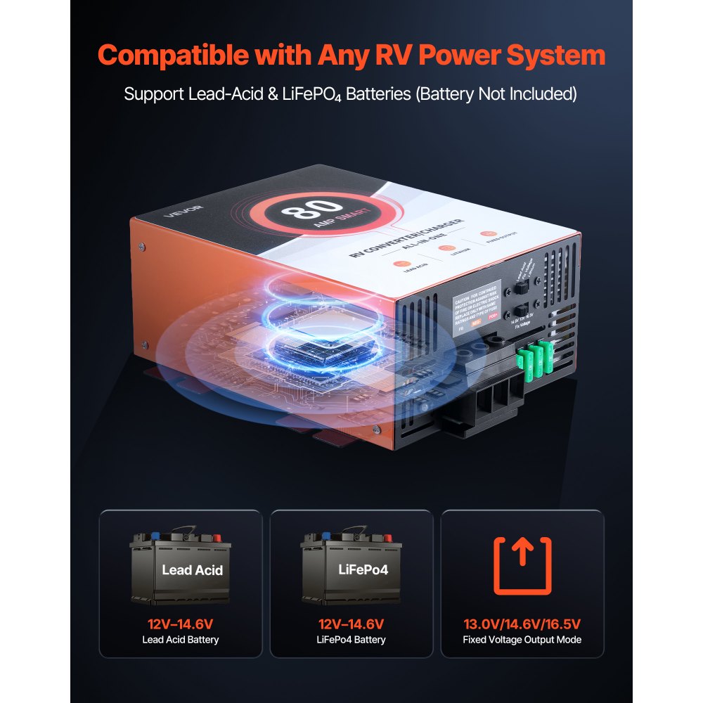 VEVOR RV Power Converter, 80 Amp, 110V AC to 12V DC RV Converter Battery Charger, Multi Stage Smart Charging, 13V to 16.5V Operating Range, Compatible with Lithium & Lead Acid Battery, for Camper