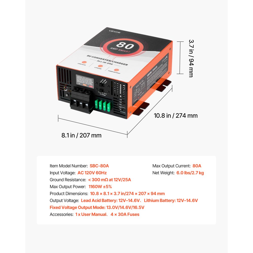 VEVOR RV Power Converter, 80 Amp, 110V AC to 12V DC RV Converter Battery Charger, Multi Stage Smart Charging, 13V to 16.5V Operating Range, Compatible with Lithium & Lead Acid Battery, for Camper