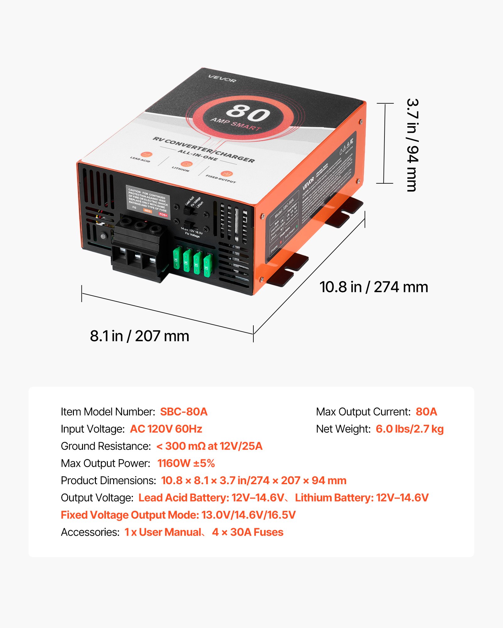 VEVOR RV Power Converter, 80 Amp, 110V AC to 12V DC RV Converter Battery Charger, Multi Stage Smart Charging, 13V to 16.5V Operating Range, Compatible with Lithium & Lead Acid Battery, for Camper