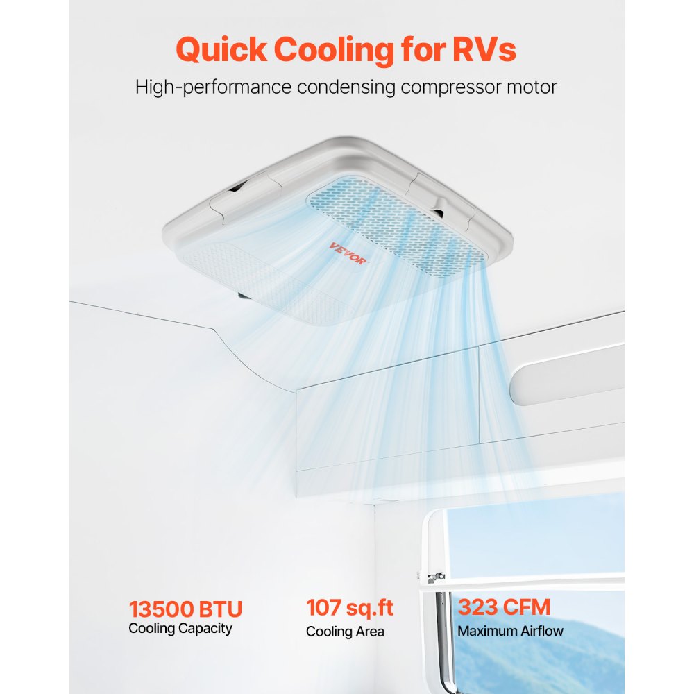 VEVOR RV Air Conditioner, 13500 BTU Non-Ducted Rooftop RV AC Unit, 65 dB Quiet Design, Including Air Distribution Box, Operation Panel and Installation Hardware, for Campers, Vans, Trailers, White
