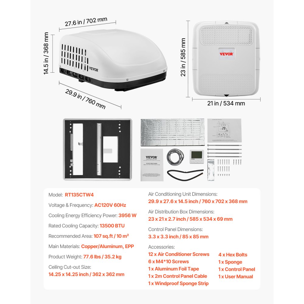 VEVOR RV Air Conditioner, 13500 BTU Non-Ducted Rooftop RV AC Unit, 65 dB Quiet Design, Including Air Distribution Box, Operation Panel and Installation Hardware, for Campers, Vans, Trailers, White