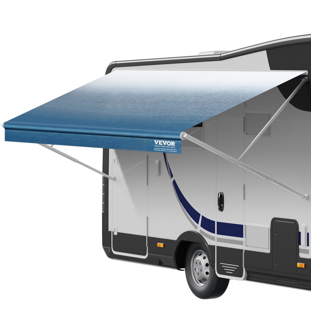 toldo azul VEVOR en caravana blanca.