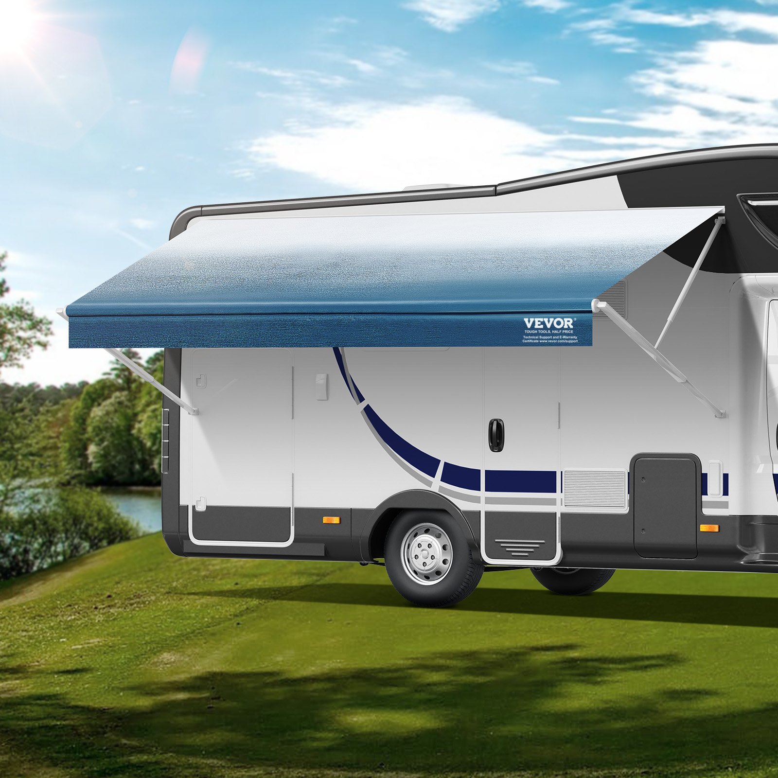 VEVOR RV Awning Fabric Replacement, 15'2" Fabric Length for 16' Awning, Heavy Duty 3-Ply 16oz PVC Camper Awning Fabric, Waterproof & UV Protection Outdoor Canopy for RV, Trailer, Motorhome, Blue Fade