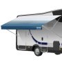 VEVOR rv awning fabric replacement on a white recreational vehicle displaying blue and white details.