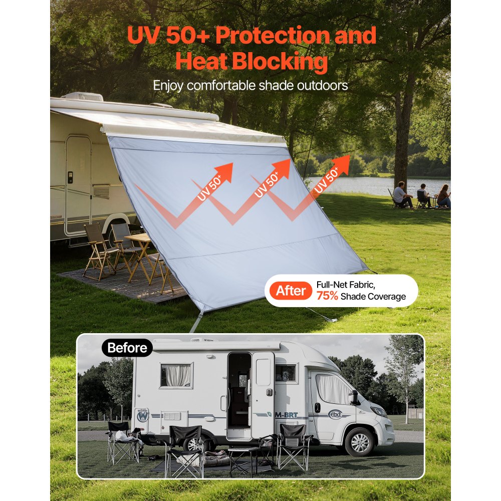 VEVOR RV Awning Sun Shade Screen, 2 x 2.8 m Sun Shading Screen (Fits 3 m Awnings) with UV50+ Zippered PU Cover, Double-Stitched Polyester Mesh Sunscreen for RVs Travel and Outdoor Camping