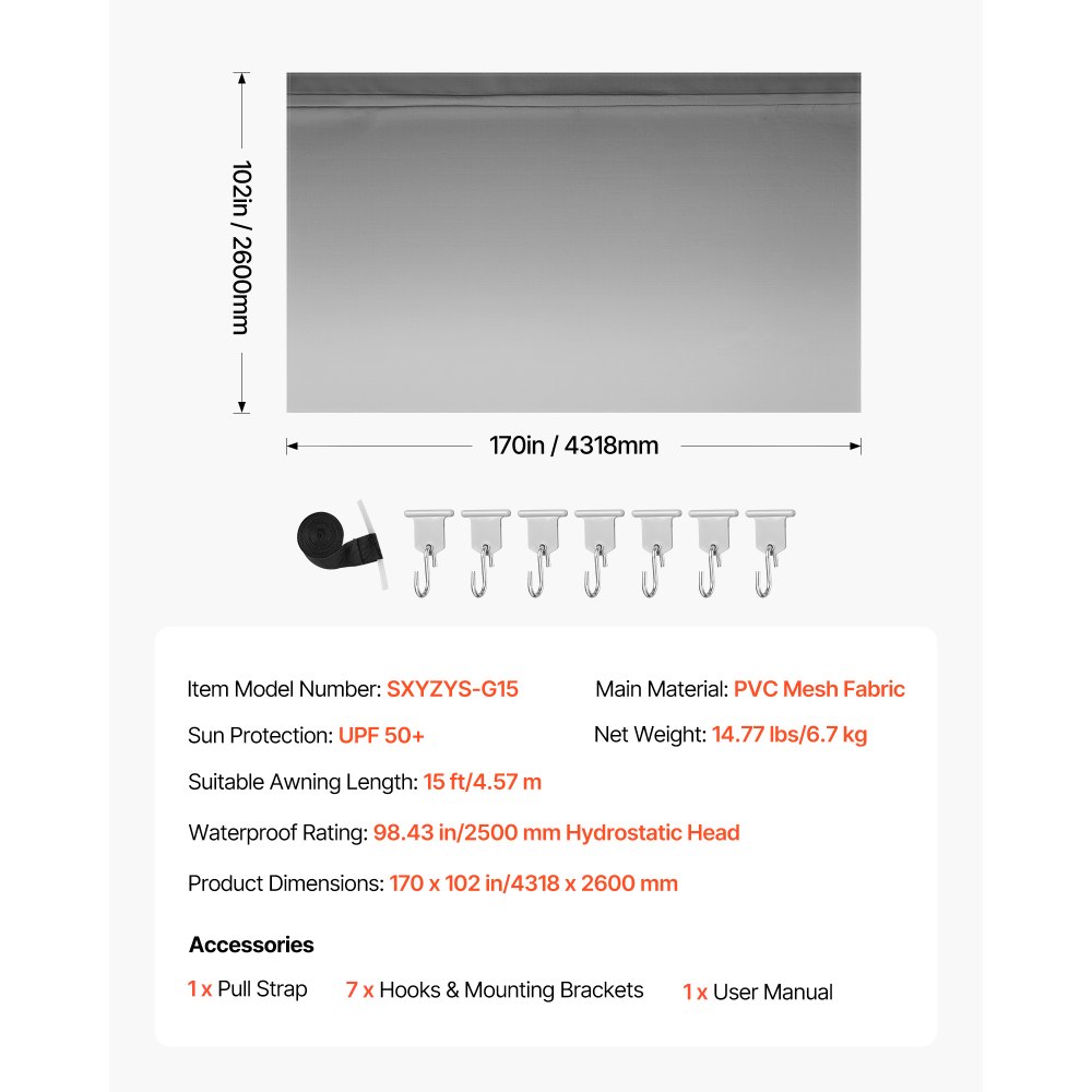 VEVOR RV Awning Fabric Replacement, 4.57 m (Fabric 4.3 m) 510 g Heavy-Duty Weatherproof Vinyl Camper Awning Replacement, UPF50+ Protection Waterproof Outdoor Canopy for RV Motorhome Trailer, Gray Fade