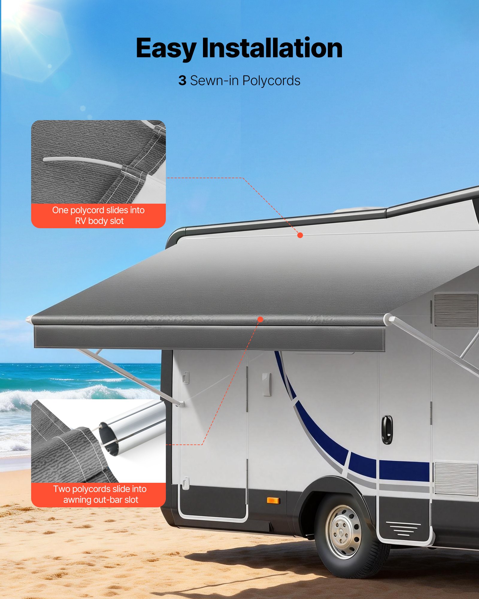 VEVOR RV Awning Fabric Replacement, 4.57 m (Fabric 4.3 m) 510 g Heavy-Duty Weatherproof Vinyl Camper Awning Replacement, UPF50+ Protection Waterproof Outdoor Canopy for RV Motorhome Trailer, Gray Fade