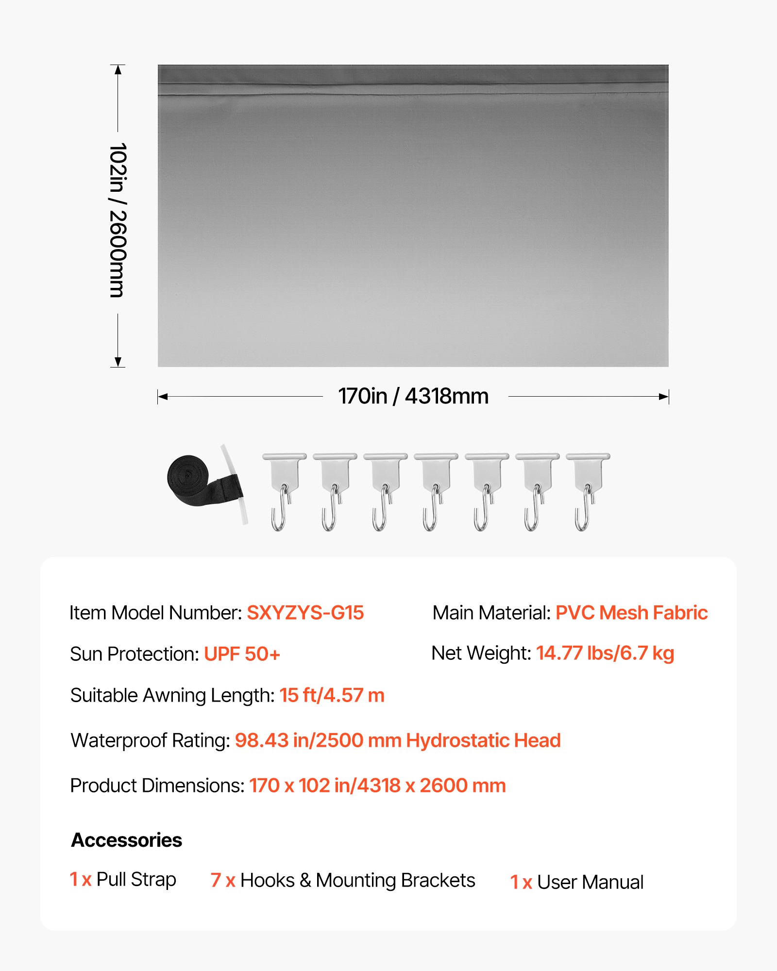 VEVOR RV Awning Fabric Replacement, 4.57 m (Fabric 4.3 m) 510 g Heavy-Duty Weatherproof Vinyl Camper Awning Replacement, UPF50+ Protection Waterproof Outdoor Canopy for RV Motorhome Trailer, Gray Fade