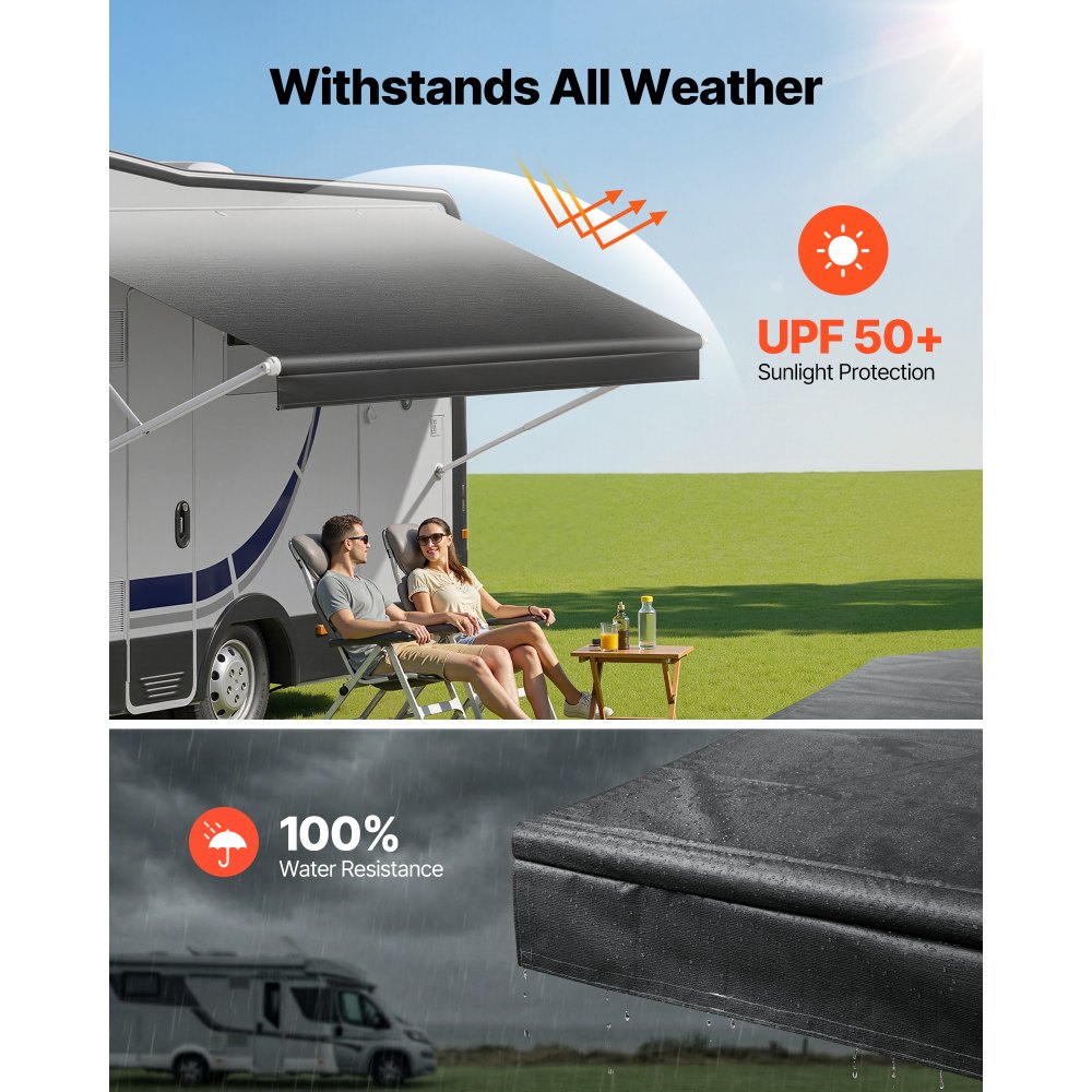 VEVOR RV Awning Fabric Replacement, 4.57 m (Fabric 4.3 m) 510g Heavy-Duty Weatherproof Vinyl Camper Awning Replacement, UPF50+ Protection Waterproof Outdoor Canopy for RV Motorhome Trailer, Black Fade
