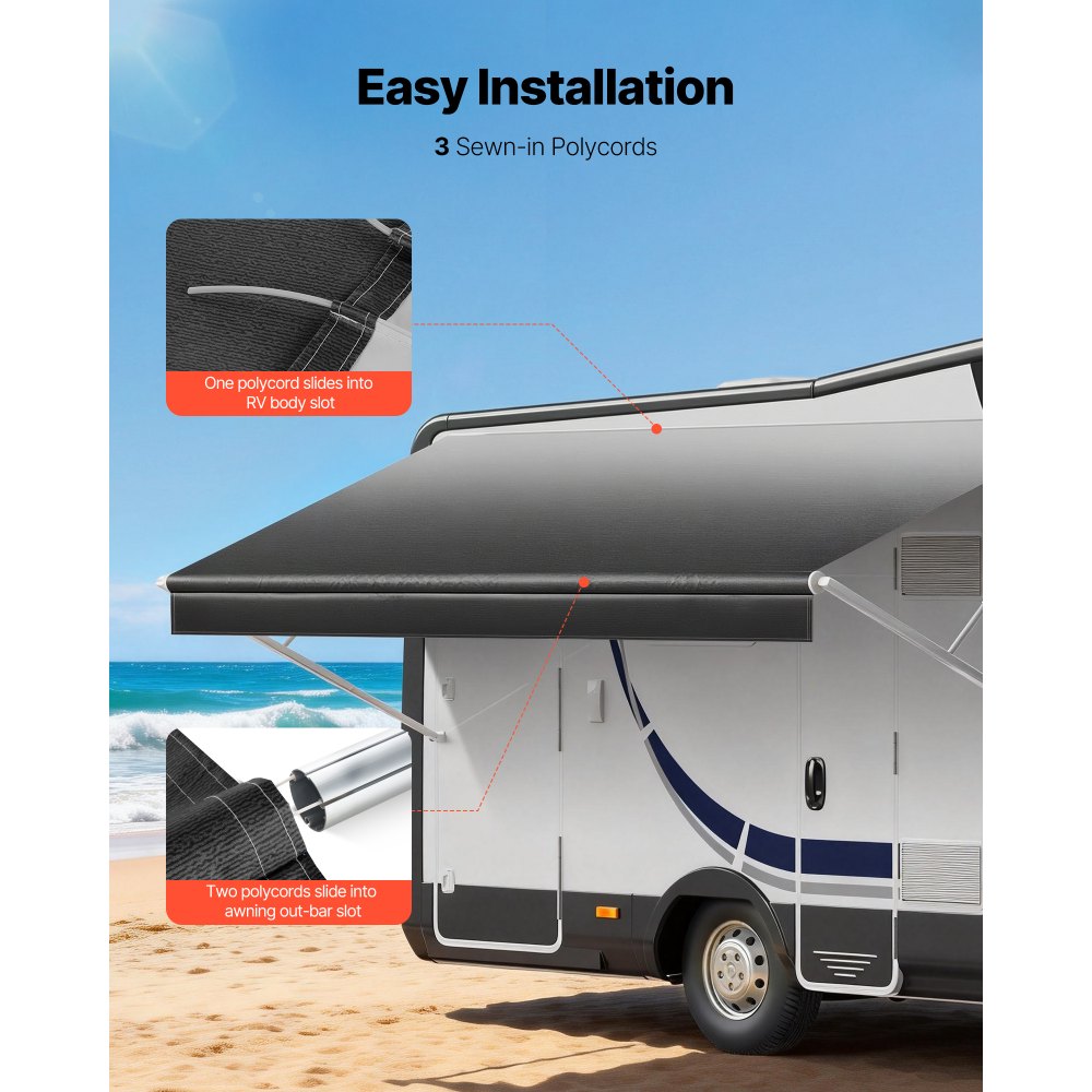VEVOR RV Awning Fabric Replacement, 4.57 m (Fabric 4.3 m) 510g Heavy-Duty Weatherproof Vinyl Camper Awning Replacement, UPF50+ Protection Waterproof Outdoor Canopy for RV Motorhome Trailer, Black Fade