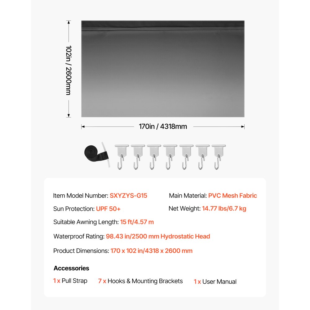 VEVOR RV Awning Fabric Replacement, 4.57 m (Fabric 4.3 m) 510g Heavy-Duty Weatherproof Vinyl Camper Awning Replacement, UPF50+ Protection Waterproof Outdoor Canopy for RV Motorhome Trailer, Black Fade