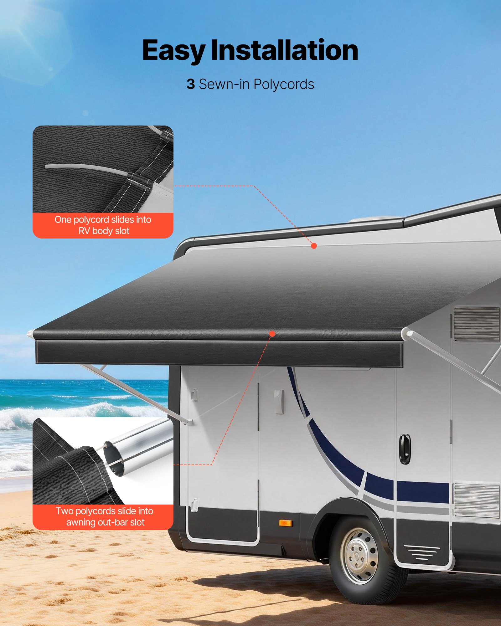 VEVOR RV Awning Fabric Replacement, 4.57 m (Fabric 4.3 m) 510g Heavy-Duty Weatherproof Vinyl Camper Awning Replacement, UPF50+ Protection Waterproof Outdoor Canopy for RV Motorhome Trailer, Black Fade