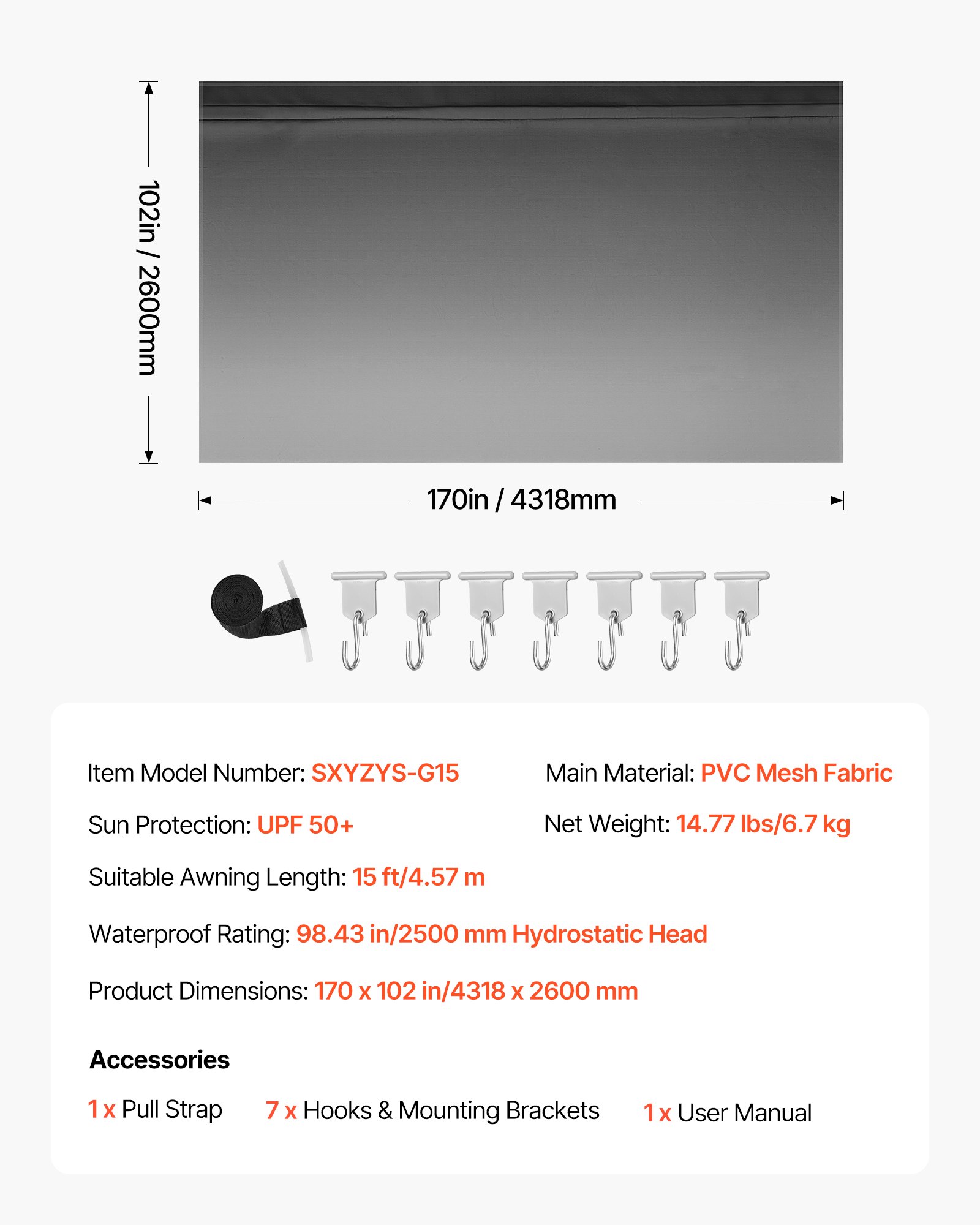 VEVOR RV Awning Fabric Replacement, 4.57 m (Fabric 4.3 m) 510g Heavy-Duty Weatherproof Vinyl Camper Awning Replacement, UPF50+ Protection Waterproof Outdoor Canopy for RV Motorhome Trailer, Black Fade