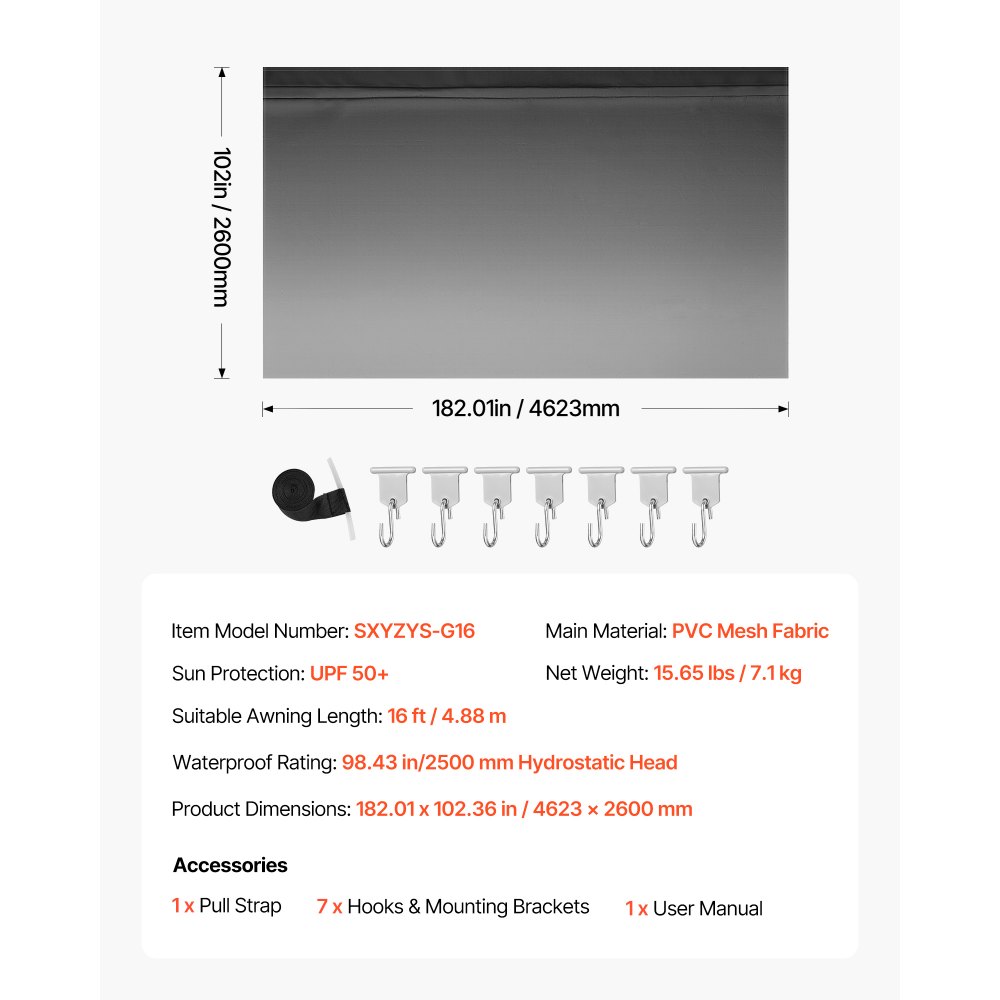 VEVOR RV Awning Fabric Replacement, 4.88 m (Fabric 4.6 m) 510g Heavy-Duty Weatherproof Vinyl Camper Awning Replacement, UPF50+ Protection Waterproof Outdoor Canopy for RV Motorhome Trailer, Black Fade